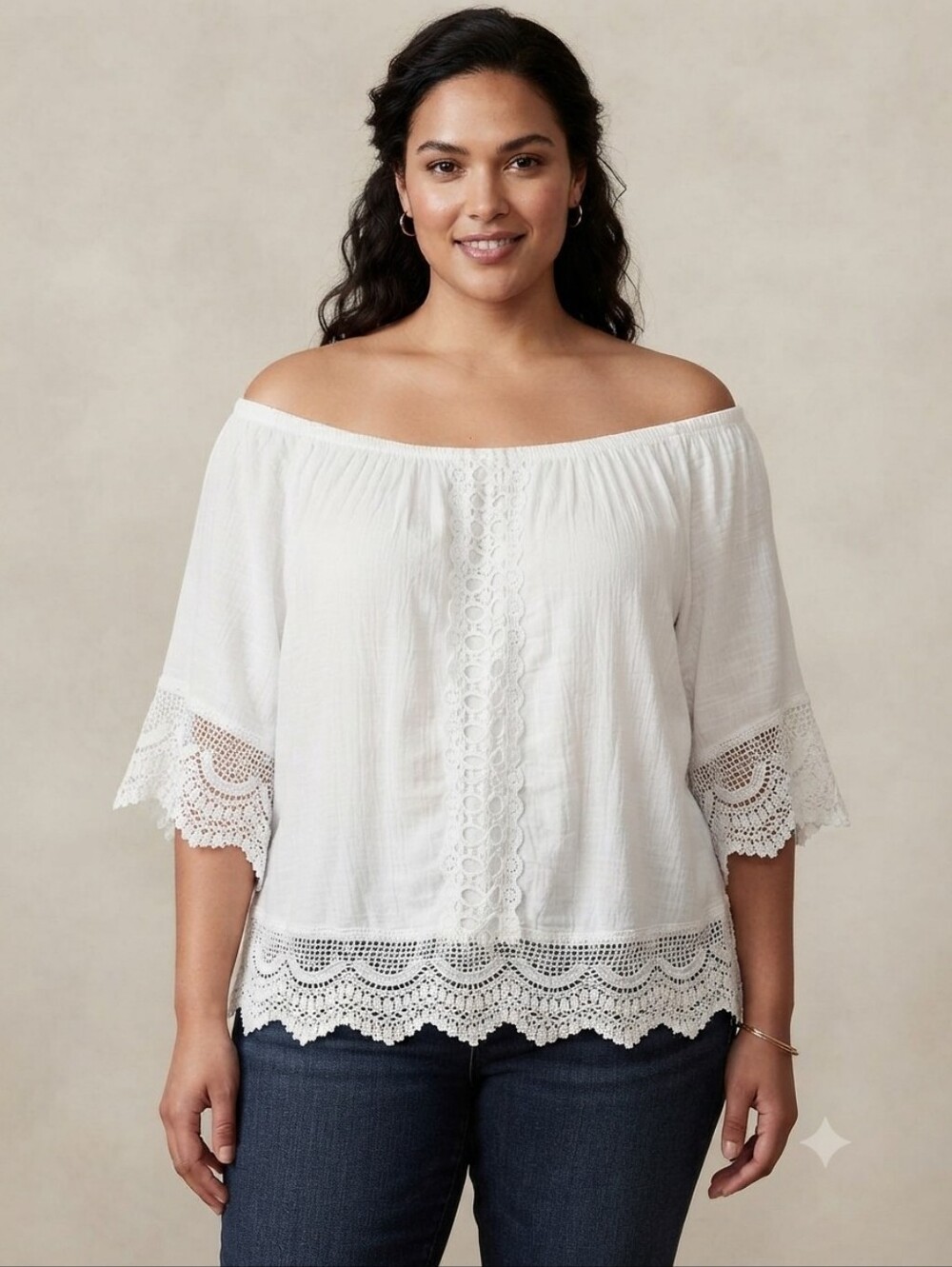 Unique Spectrum White Lace Crochet Trim Peasant Blouse 3X Boho Cottagecore Sheer